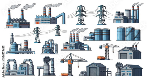 Collection of industrial factory buildings and power lines.