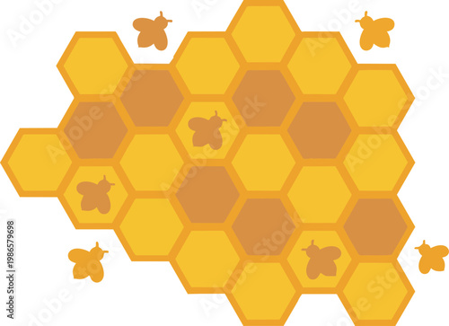 Bees On Golden Honeycomb Hexagonal Pattern.