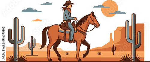 Cowboy Riding Desert Sunset on Horse.