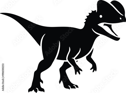 black silhouette of a dinosaur, t rex or velociraptor, standing and roaring, prehistoric animal