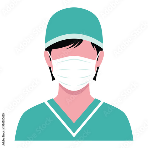 Doctor wearing surgical mask and green scrubs and cap icon