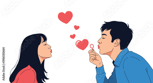 Romantic young couple blowing heart shaped bubbles towards each other in a cute flat illustration representing love and dating.