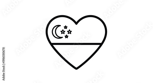 Black and white outline of a heart containing the crescent moon and five stars symbol from the flag of Singapore for national day.
