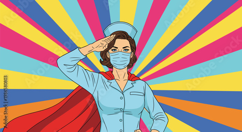 Dedicated nurse wearing a medical face mask and a red superhero cape salutes in front of a colorful vintage sunburst background.