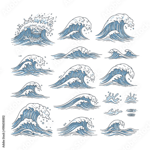 A comprehensive collection of hand-drawn vintage ocean wave illustrations featuring blue ink sketches of sea swells and crests.