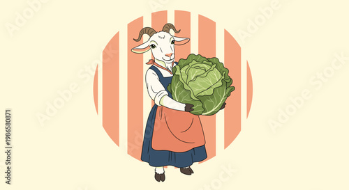 Anthropomorphic goat dressed in traditional rural clothing holds a giant green cabbage in a vintage illustration.