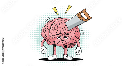 Cartoon brain character with a sad expression is being cut into by a hand saw representing mental stress or fatigue.