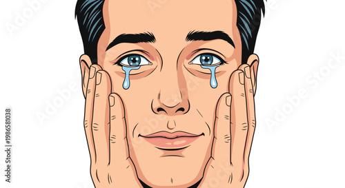 Close up portrait of a young man with large tears in his blue eyes showing deep sadness or emotional distress.