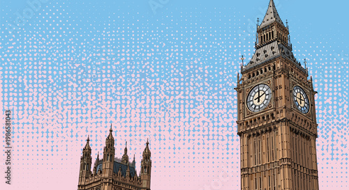 Iconic Big Ben clock tower in London is shown against a colorful pop art style sky with a halftone dot pattern.