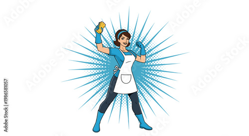 Powerful female cleaning professional in an apron and gloves poses heroically in front of a blue sunburst light.