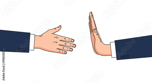 Hand in a suit jacket is held up to refuse a handshake from another person representing rejection or disagreement.