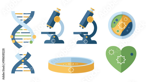Medical Research Icons: DNA, Microscope, Petri Dish, Heart - Healthcare Innovation Graphics