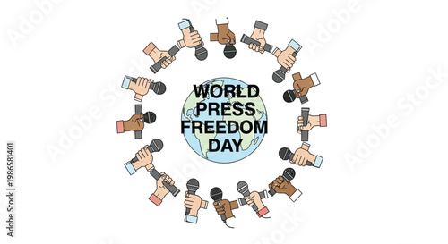 Hands holding microphones surrounding a globe with world press freedom day