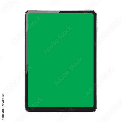 Modern digital tablet mockup with a blank green screen for chroma key compositing on white background.