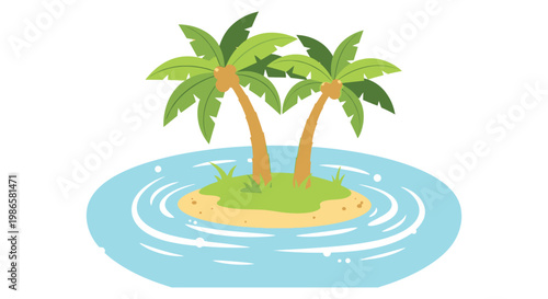 Two vibrant tropical palm trees growing on a small sandy desert island in this flat vector illustration