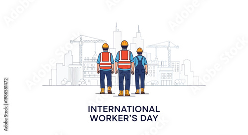 Three construction workers stand before a city skyline on worker s day