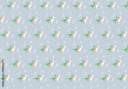 三色の鳥が列をなして走る可愛らしいシームレスな背景素材｜北欧風のナチュラルな色使いで植物の葉をあしらった壁紙デザイン