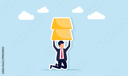 Businessman struggling to lift gold stack illustration of gold purchasing power and investment strength concept