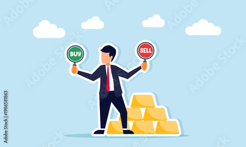 Businessman holding buy and sell signs near gold stacks illustration of physical and online gold trading concept