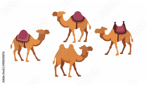 Cartoon camel caravan with four dromedary animals walking diagonally for travel and desert tourism design