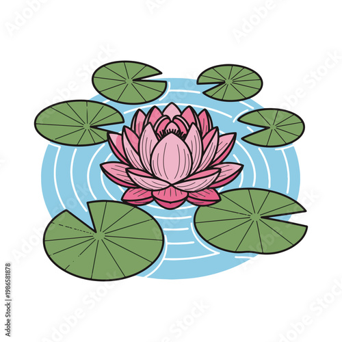 Beautiful pink lotus flower blooming on green lily pads in a serene blue water pond illustration.