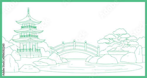 Beautiful Japanese pagoda with arched bridge surrounded by serene pond and rocks in tranquil garden setting