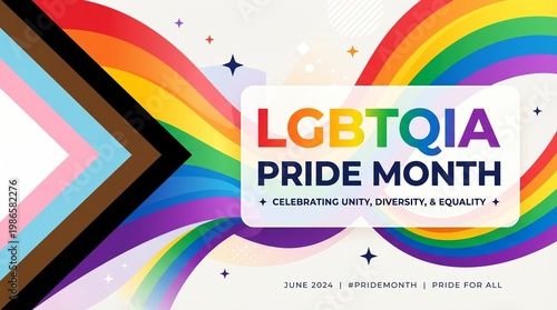 Colorful lgbtqia pride month banner with rainbow wave and inclusive identity flag concept for equality awareness campaign branding social promotion design