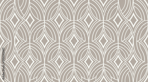 Interlocking leaf pattern wallpaper texture in neutral beige and gray tones.