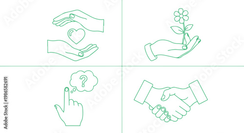 Four simple handdrawn icons representing care support growth collaboration and inquiry concepts