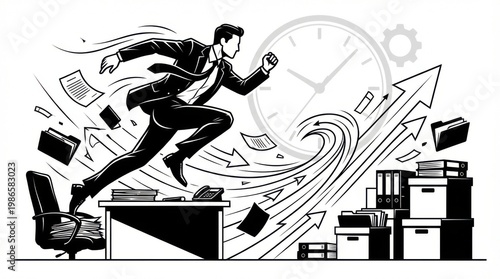 Dynamic Businessman Sprinting Through Office Chaos