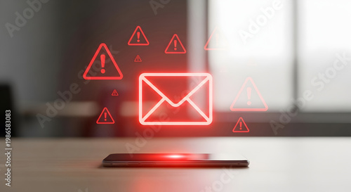 Smartphone on desk with glowing red envelope hologram and warning signs symbolizing spam email and cybersecurity threats.