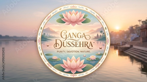 Ganga dussehra spiritual lotus illustration with river ghat sunrise scene representing purity devotion nature and indian festival culture for greeting banner and branding use