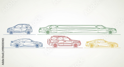 Collection of stylized car drawings in various colors and shapes.