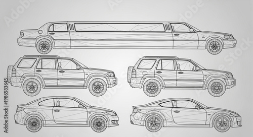 Set of car sketches including a limousine and four smaller vehicles.