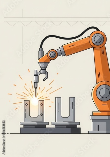 Robotic arm performs precision welding on metal components in an automated factory setting.