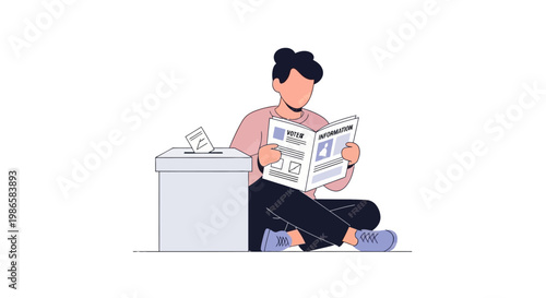 Man Reading Newspaper Next to Ballot Box