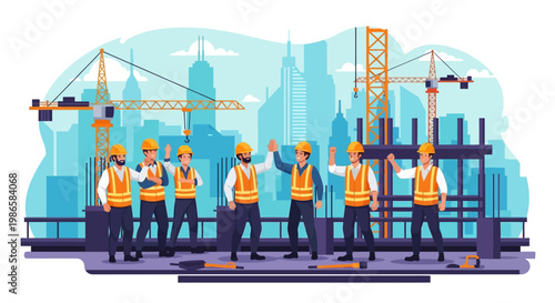 Construction Workers Standing on Site with City Skyline and Cranes