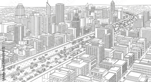 Detailed black and white sketch of a sprawling city skyline with many buildings.