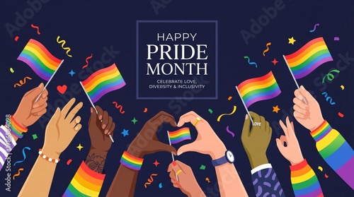 Pride month celebration with diverse hands holding rainbow flags forming heart symbol on dark background promoting unity love diversity for campaign branding use
