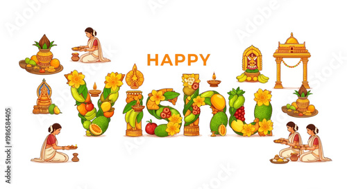 Illustrative vector art celebrates Happy Vishu, the Malayalam New Year, with the word 'Vishu' formed from fruits and vegetables, alongside depictions of traditional Kerala cultural festival