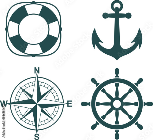 Nautical icons set with anchor, compass and ship wheel, marine navigation vector illustration collection