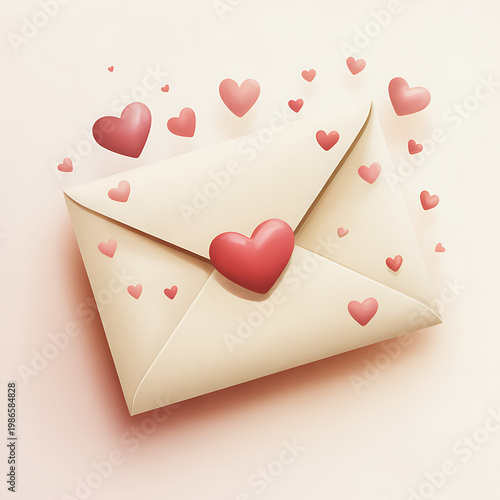 Envelope with hearts floating around it on pink background for Valentine's Day