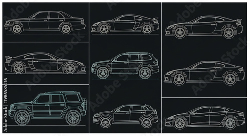 Collection of stylized car outlines on a black background.