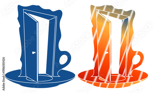 Two surreal doors opening to light, one blue and one orange, symbolizing choice and opportunity.