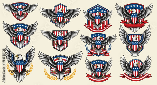 Vibrant american flag emblems with eagles and shields on display