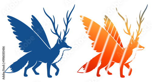Mythical winged fox creatures with antlers, one blue and one orange, walking side by side.