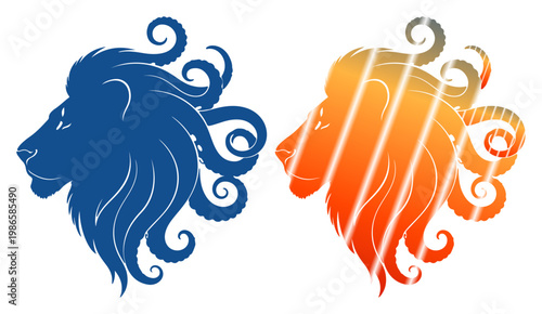Stylized lion profiles in contrasting blue and fiery orange hues, symbolizing strength and duality.