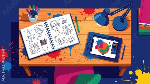 Colorful Art Studio Desk with Sketchbook and Tablet