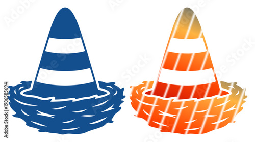 Two traffic cones nestled in stylized nests, representing safety and creativity.