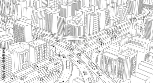 Aerial View of a Cityscape Drawing with Buildings and Streets.